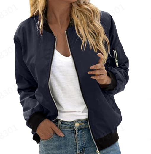 Women's Solid Color Cool Girl Baseball Jackets Round Neck Zipper Vintage Bomber Jacket Autumn Casual Female Bomber Jacket Chic Outerwear 4