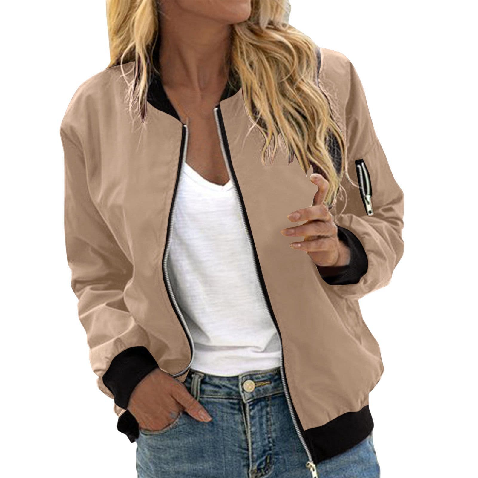 Women's Solid Color Cool Girl Baseball Jackets Round Neck Zipper Vintage Bomber Jacket Autumn Casual Female Bomber Jacket Chic Outerwear 3