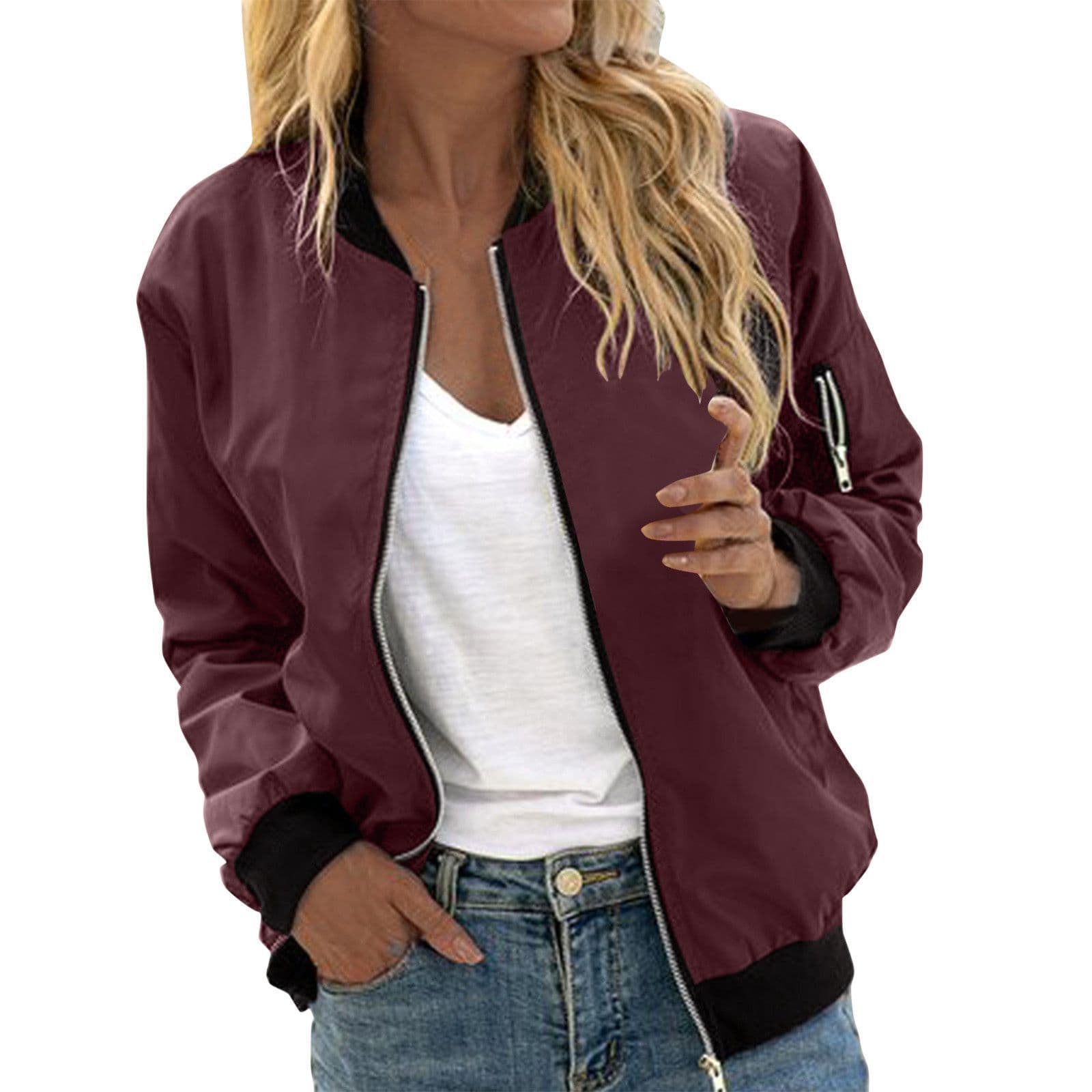 Women's Solid Color Cool Girl Baseball Jackets Round Neck Zipper Vintage Bomber Jacket Autumn Casual Female Bomber Jacket Chic Outerwear 6